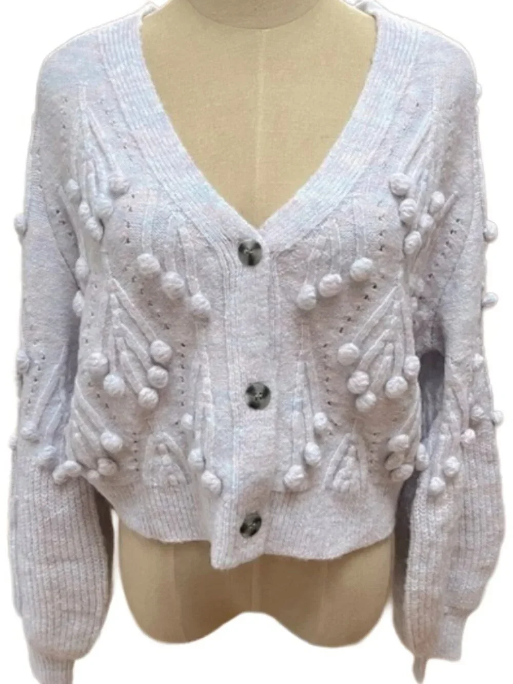 En Creme Cardigan Balloon Sleeve Bobble Knit Cropped Cottagecore M - Picture 1 of 10